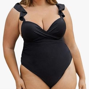 New! CUPSHE Women’s One Piece Swimsuit Ruffle Plus Size Bathing Suit Black